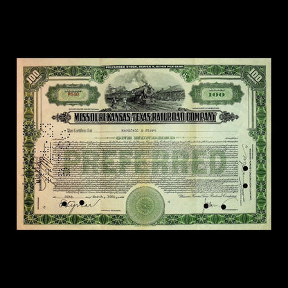 Missouri-Kansas Texas Railroad (Katy Railroad) Company Stock Certificate from 1940s