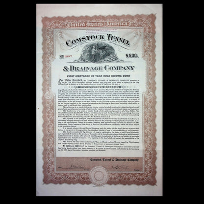 Comstock Tunnel & Drainage Company from Nevada - Bond Certificate from 1919