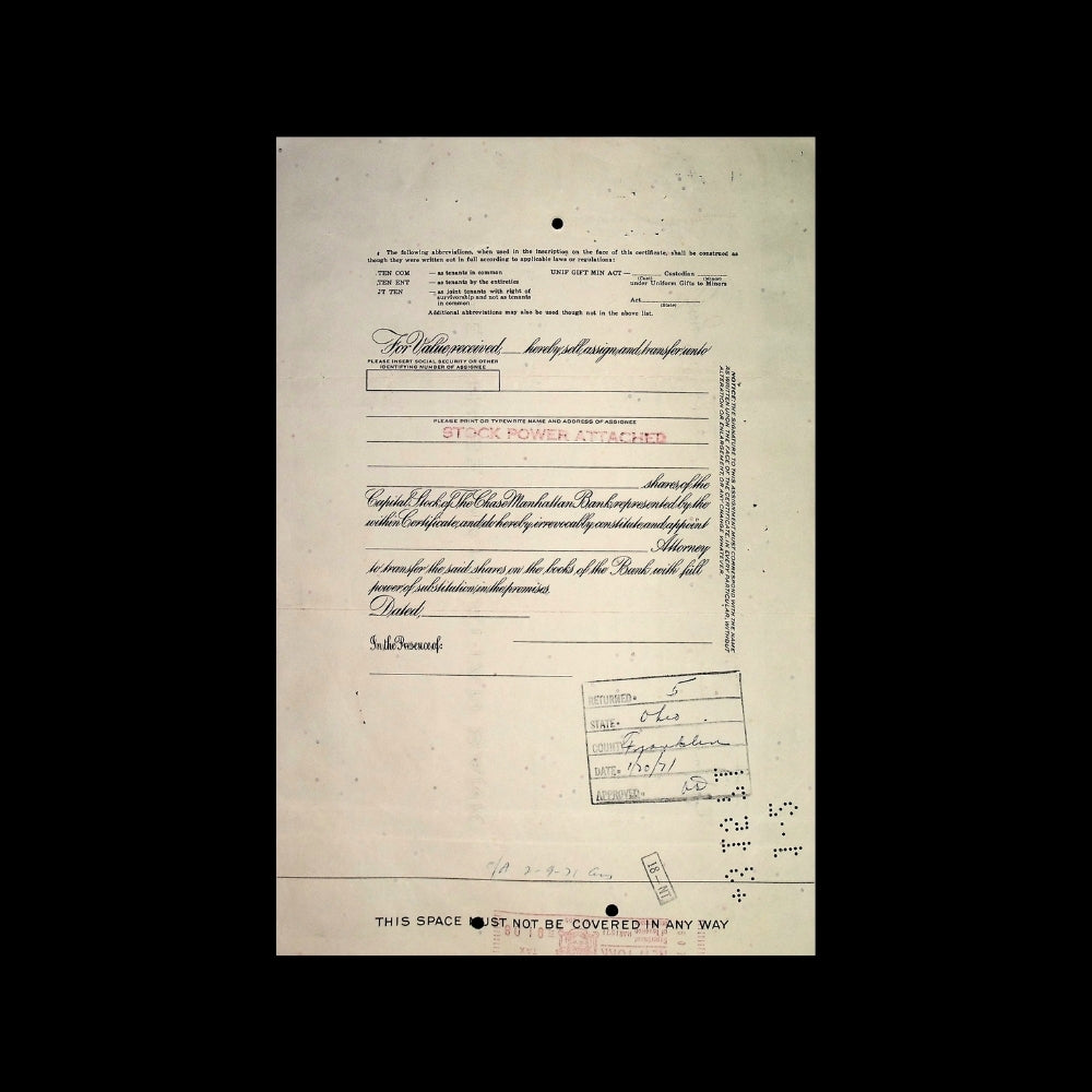 Chase Manhattan Bank Stock Certificate with Octagon Logo from 1960s