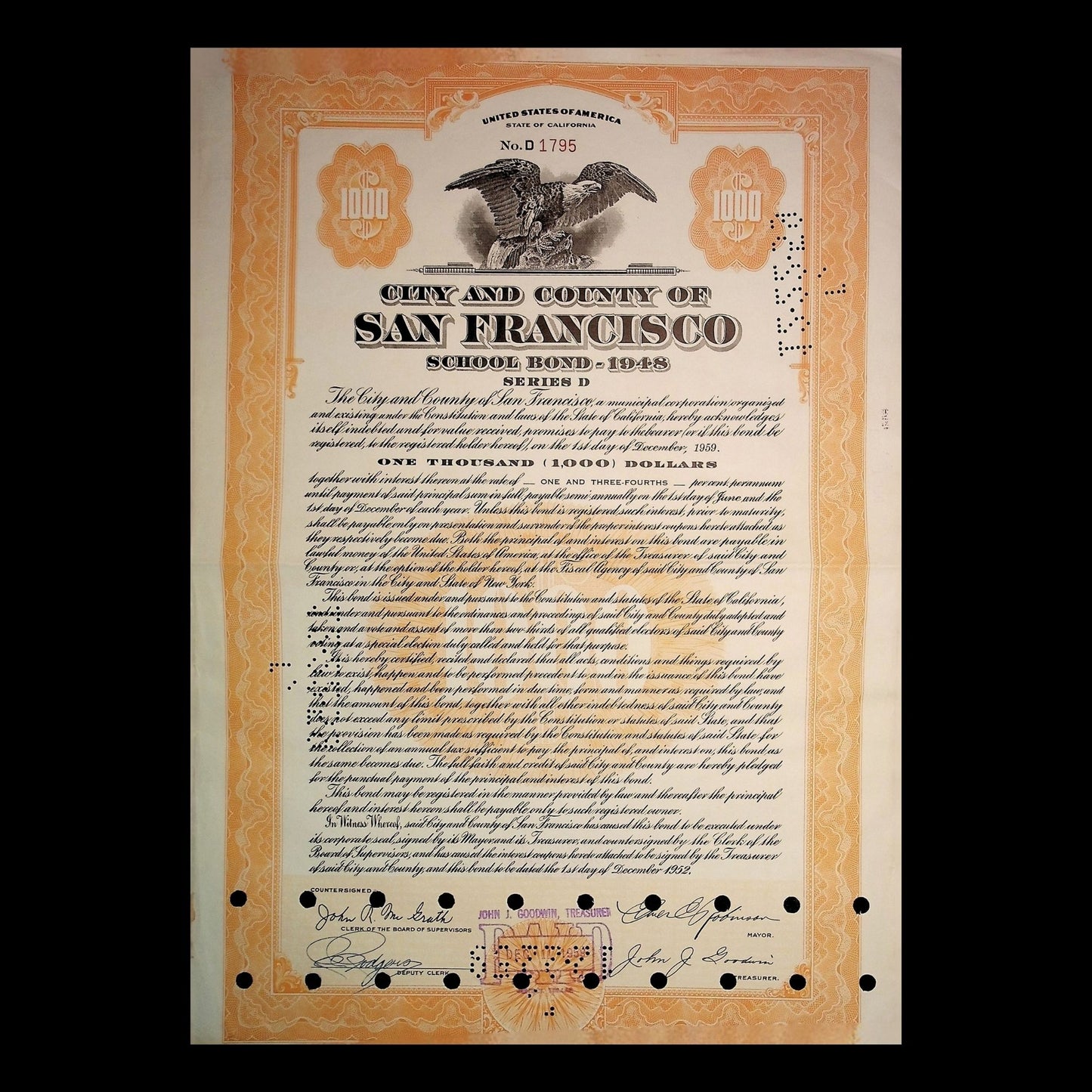 City and County of San Francisco California Bonds from 1930s to 1970s