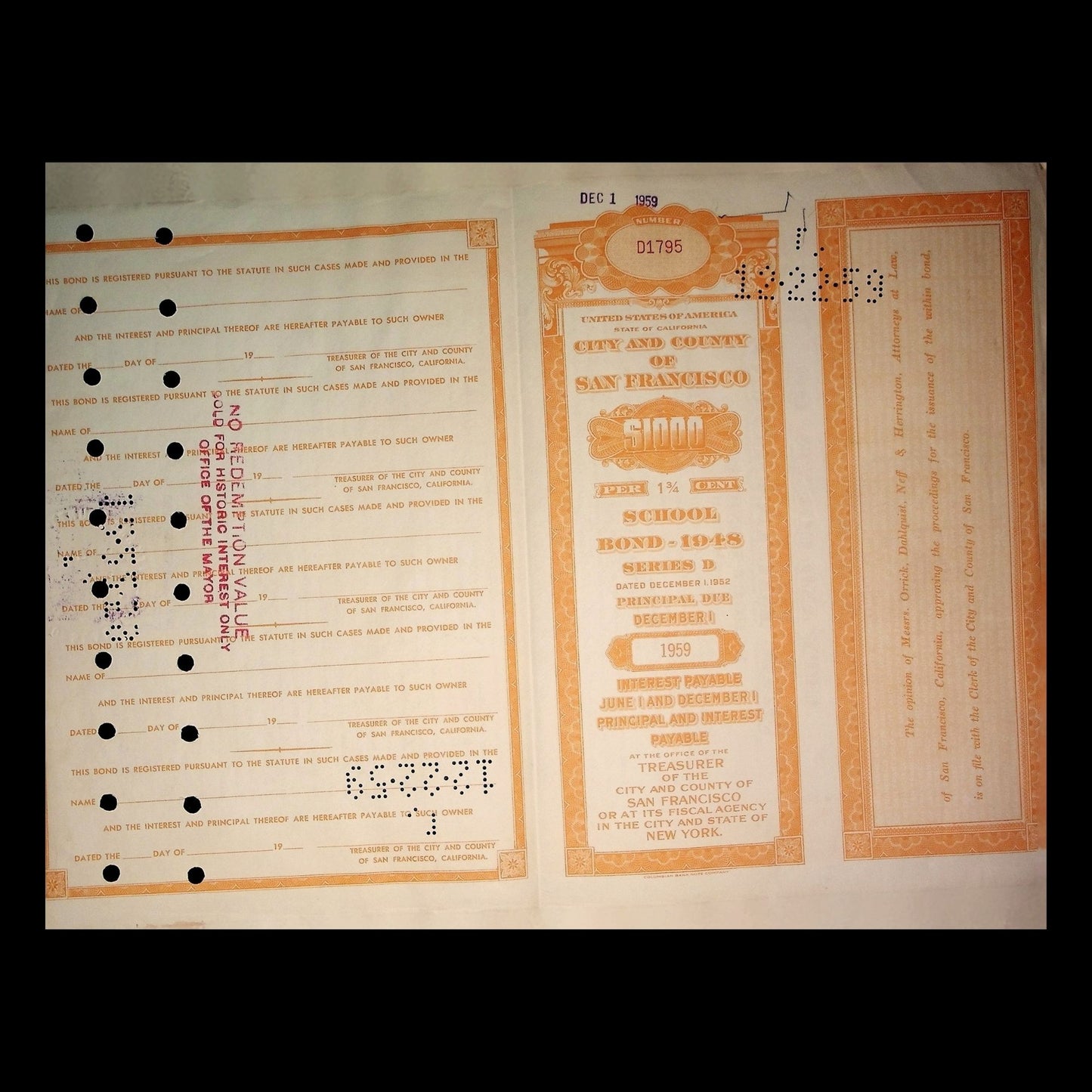 City and County of San Francisco California Bonds from 1930s to 1970s