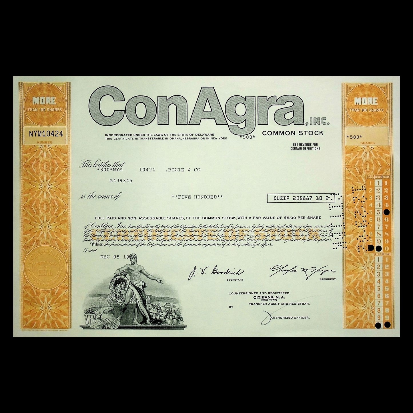 ConAgra Inc Stock Certificate from 1970s to 1980s