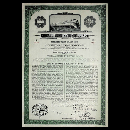 Vintage stock certificate for Chicago, Burlington & Quincy Railroad with green border and black text.