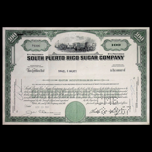 South Puerto Rico Sugar Company Stock Certificate from 1960s