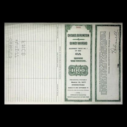 Chicago, Burlington and Quincy Railroad (Zephyr) Company Bond Certificate 1960s