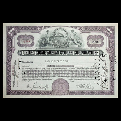 United Cigar-Whelan Stores Corporation Stock Certificate from 1940s