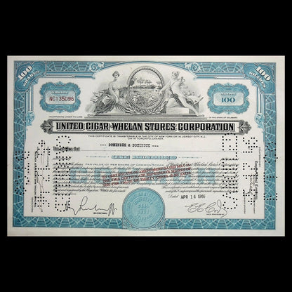 United Cigar-Whelan Stores Corporation Stock Certificate from 1940s