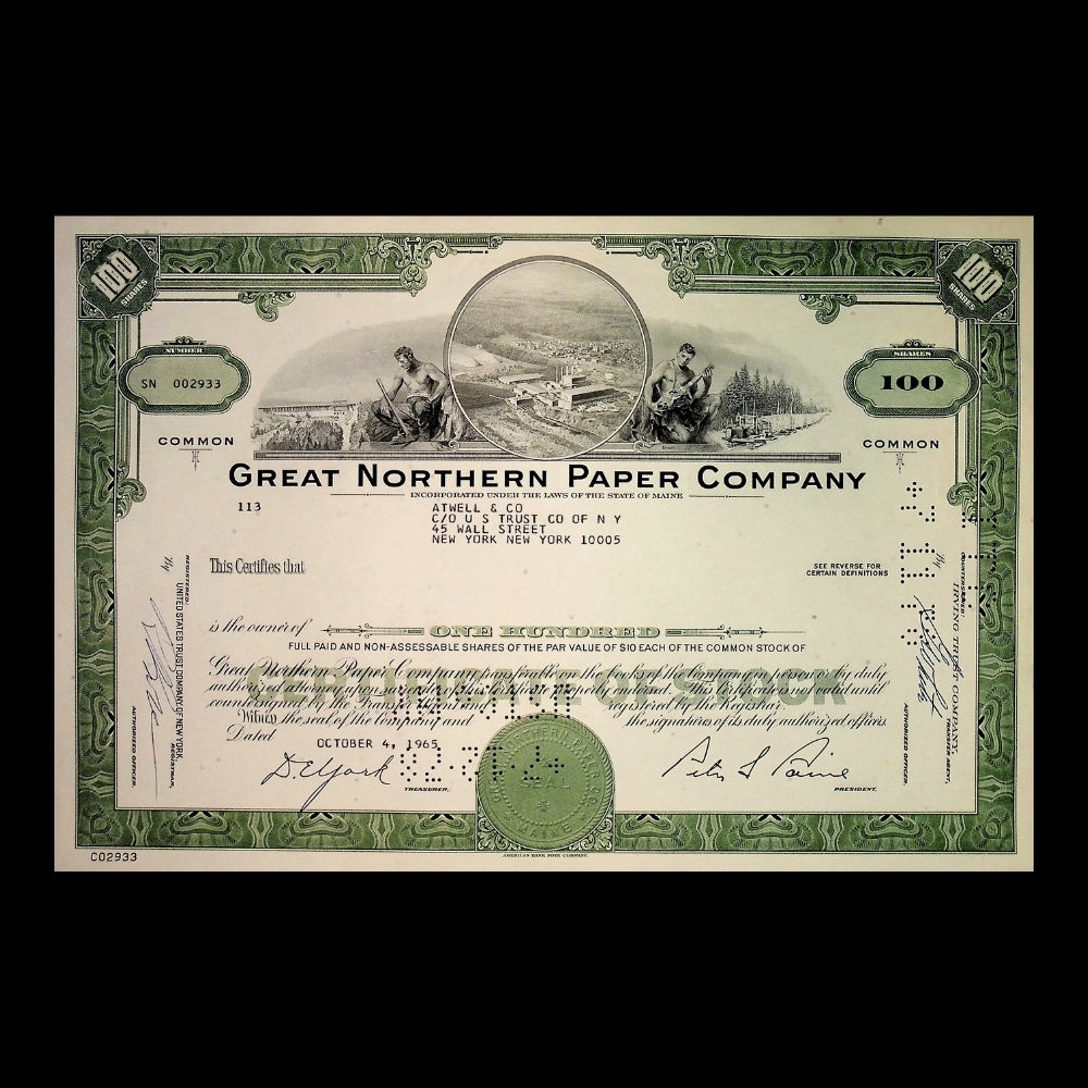 Great Northern Paper Company Stock Certificate from 1960s