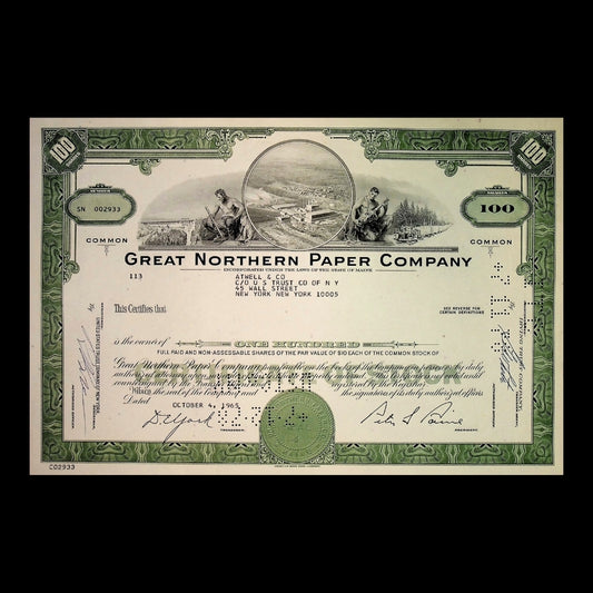 Great Northern Paper Company Stock Certificate from 1960s