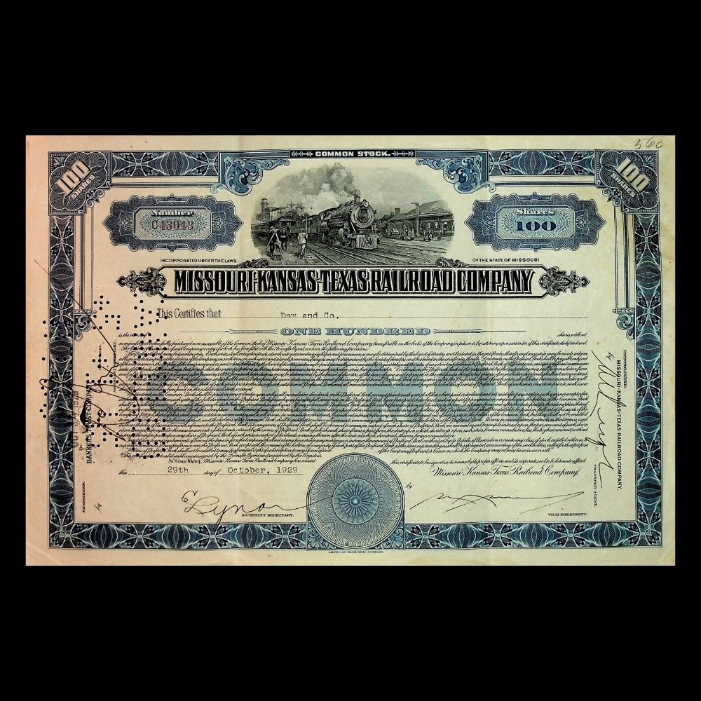 Missouri-Kansas Texas Railroad (Katy Railroad) Company Stock Certificate from 1940s