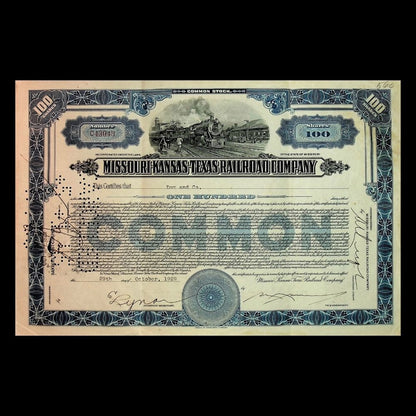 Missouri-Kansas Texas Railroad (Katy Railroad) Company Stock Certificate from 1940s