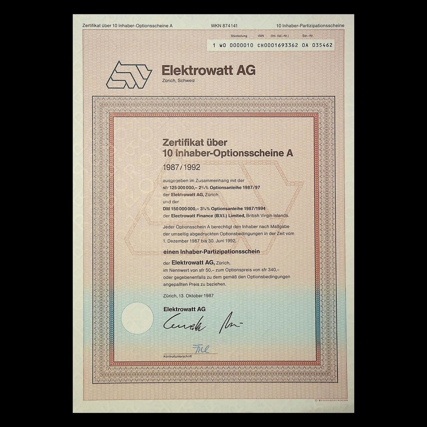 Elektrowatt AG (Zurich, Switzerland) Warrant Certificate from 1987 in German