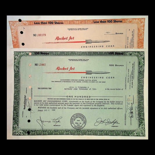 Rocket Jet Engineering Stock Certificate from 1960s (with a rocket on vignette!)