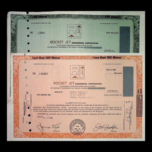 Rocket Jet Engineering Corporation Stock Certificate with Parachute Print from 1960s - 2x combo