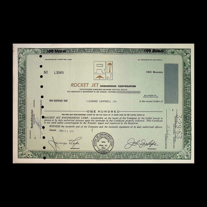 Rocket Jet Engineering Corporation Stock Certificate with Parachute Print from 1960s - 2x combo