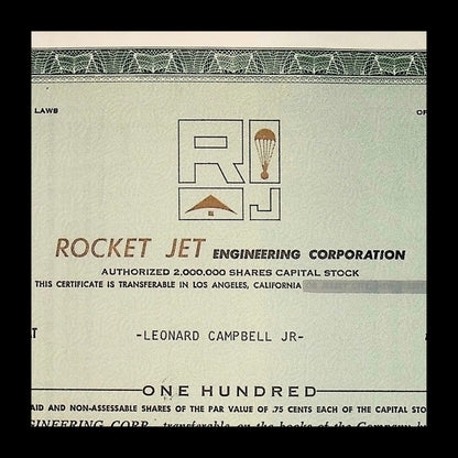 Rocket Jet Engineering Corporation Stock Certificate with Parachute Print from 1960s - 2x combo