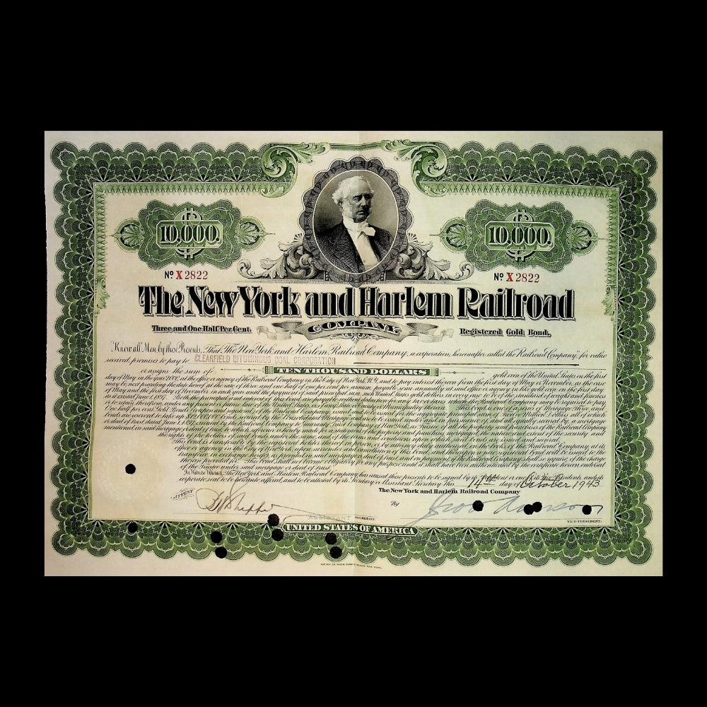 The New York and Harlem Railroad Company Bond with portrat of Vanderbilt