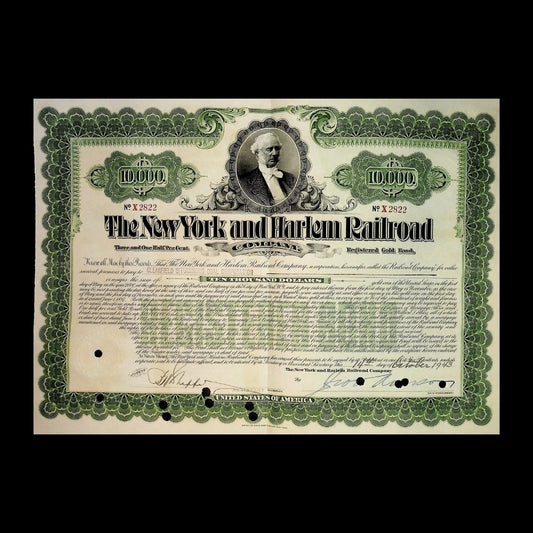 The New York and Harlem Railroad Company Bond with portrat of Vanderbilt