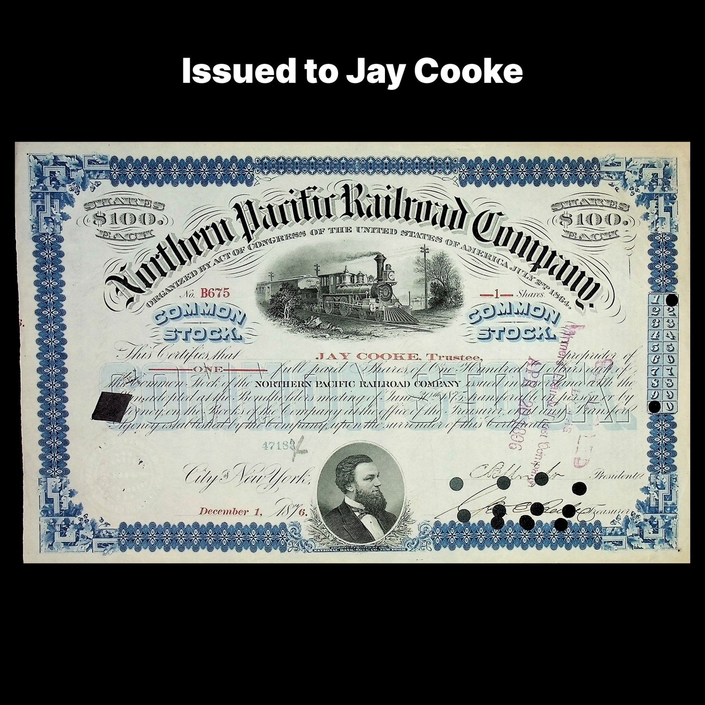 Historical stock certificate from the Northern Pacific Railroad Company, issued to Jay Cooke.
