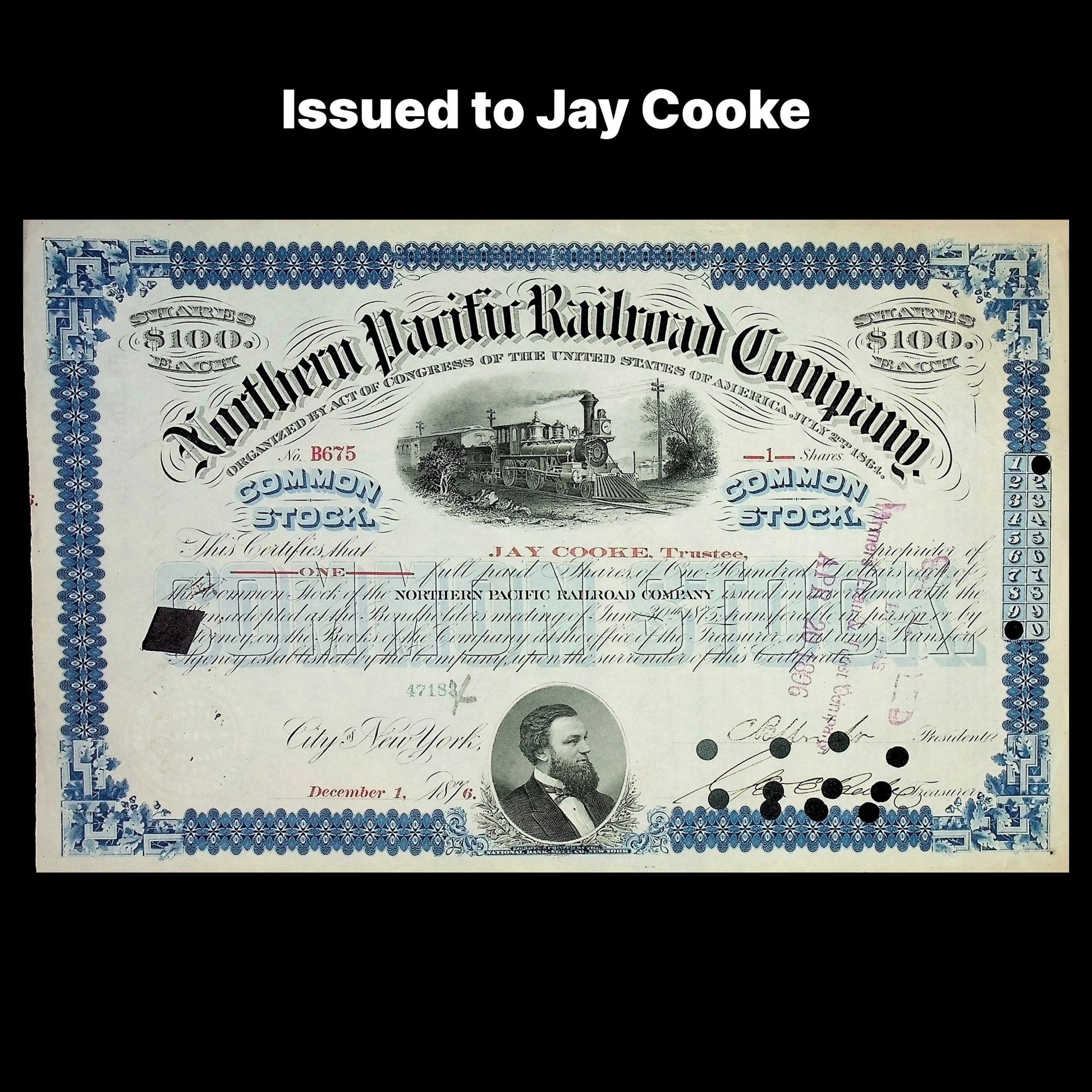 Historical stock certificate from the Northern Pacific Railroad Company, issued to Jay Cooke.