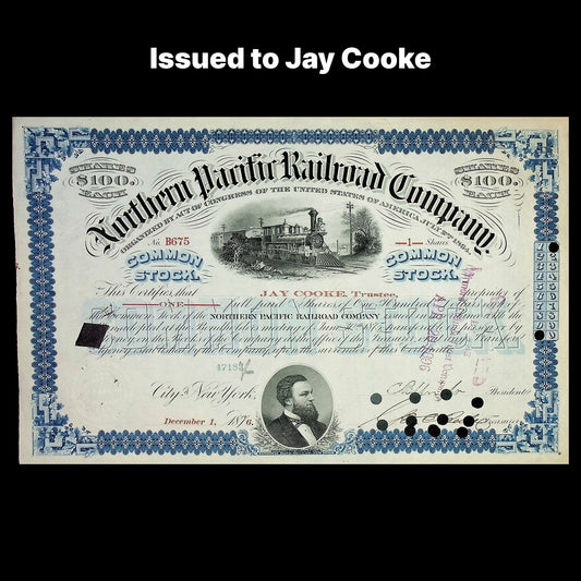Historical stock certificate from the Northern Pacific Railroad Company, issued to Jay Cooke.