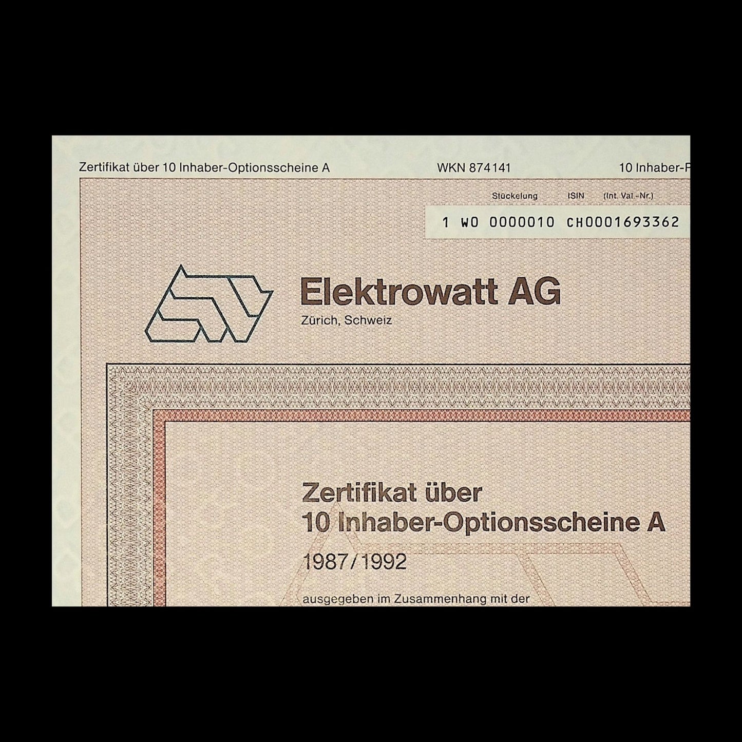 Elektrowatt AG (Zurich, Switzerland) Warrant Certificate from 1987 in German