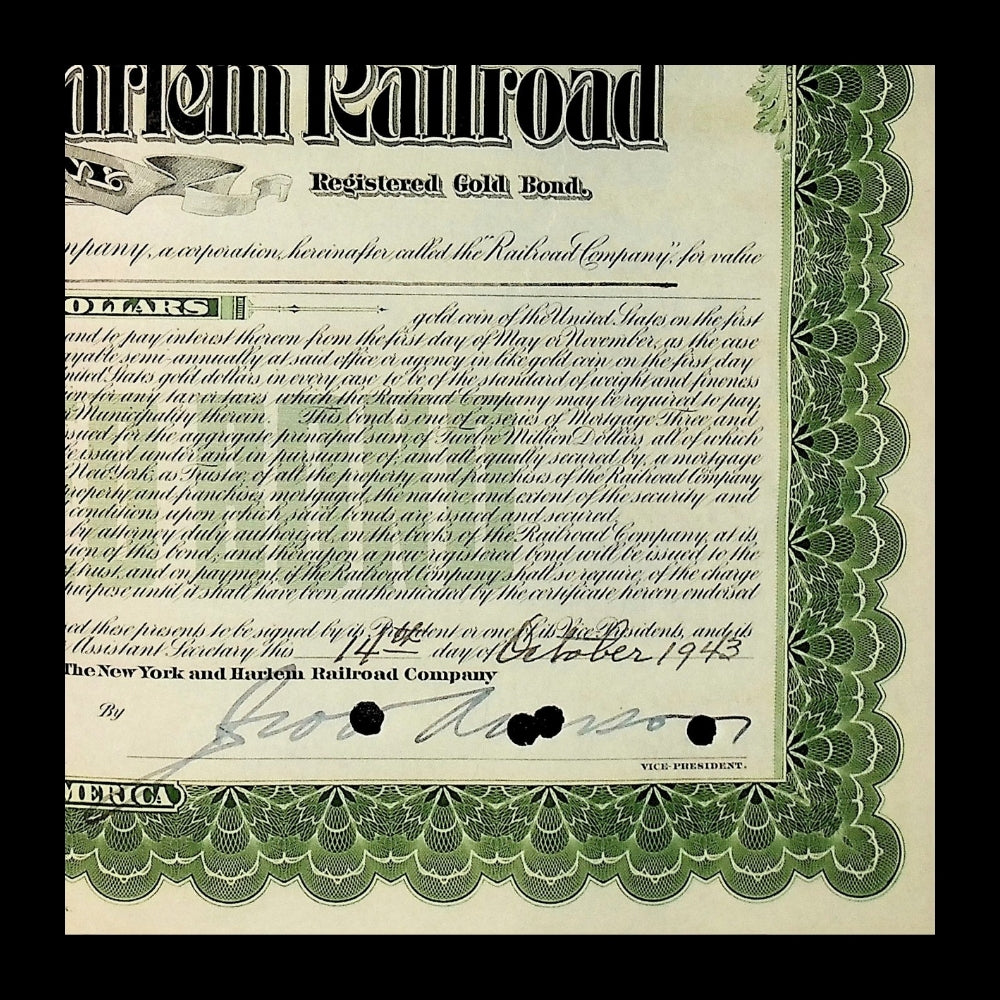 The New York and Harlem Railroad Company Bond with portrat of Vanderbilt