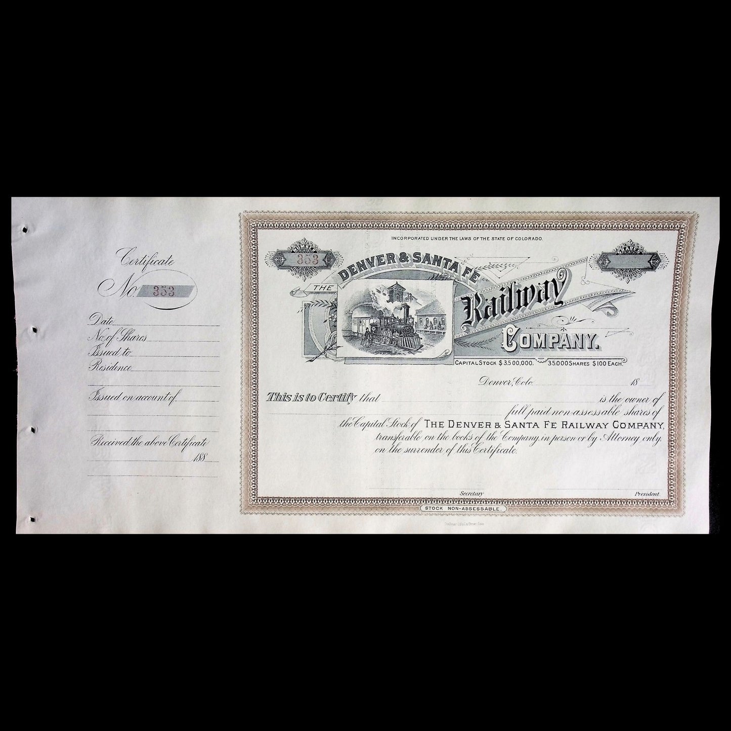 The Denver and Santa Fe Railway Company late 1800s Unissued Stock Certificate