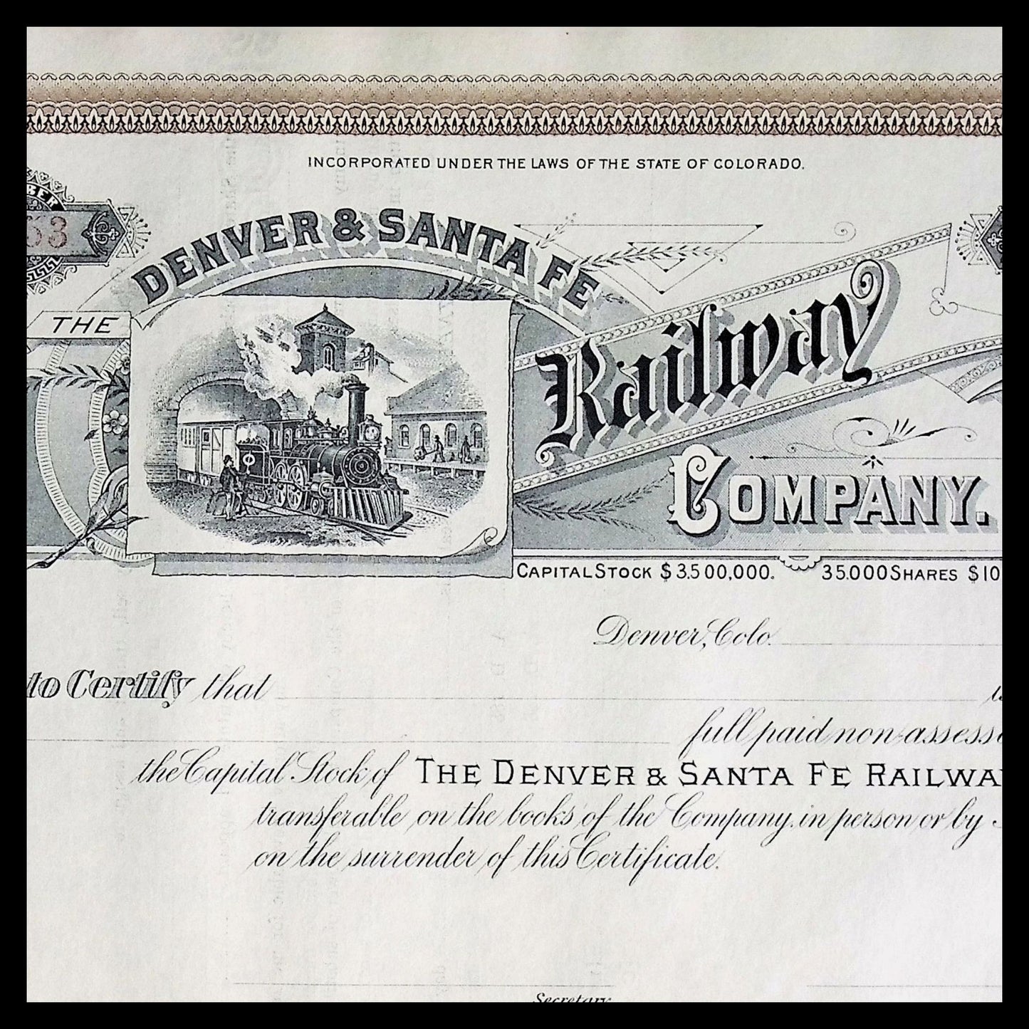 The Denver and Santa Fe Railway Company late 1800s Unissued Stock Certificate