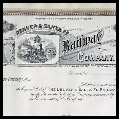 The Denver and Santa Fe Railway Company late 1800s Unissued Stock Certificate