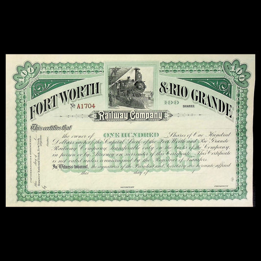 Forth Worth & Rio Range Railway Company Unissued Stock Certificate early 1900s