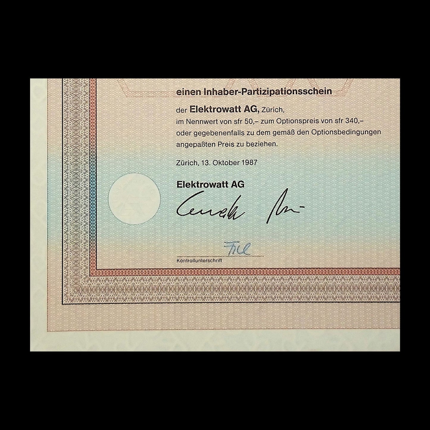 Elektrowatt AG (Zurich, Switzerland) Warrant Certificate from 1987 in German