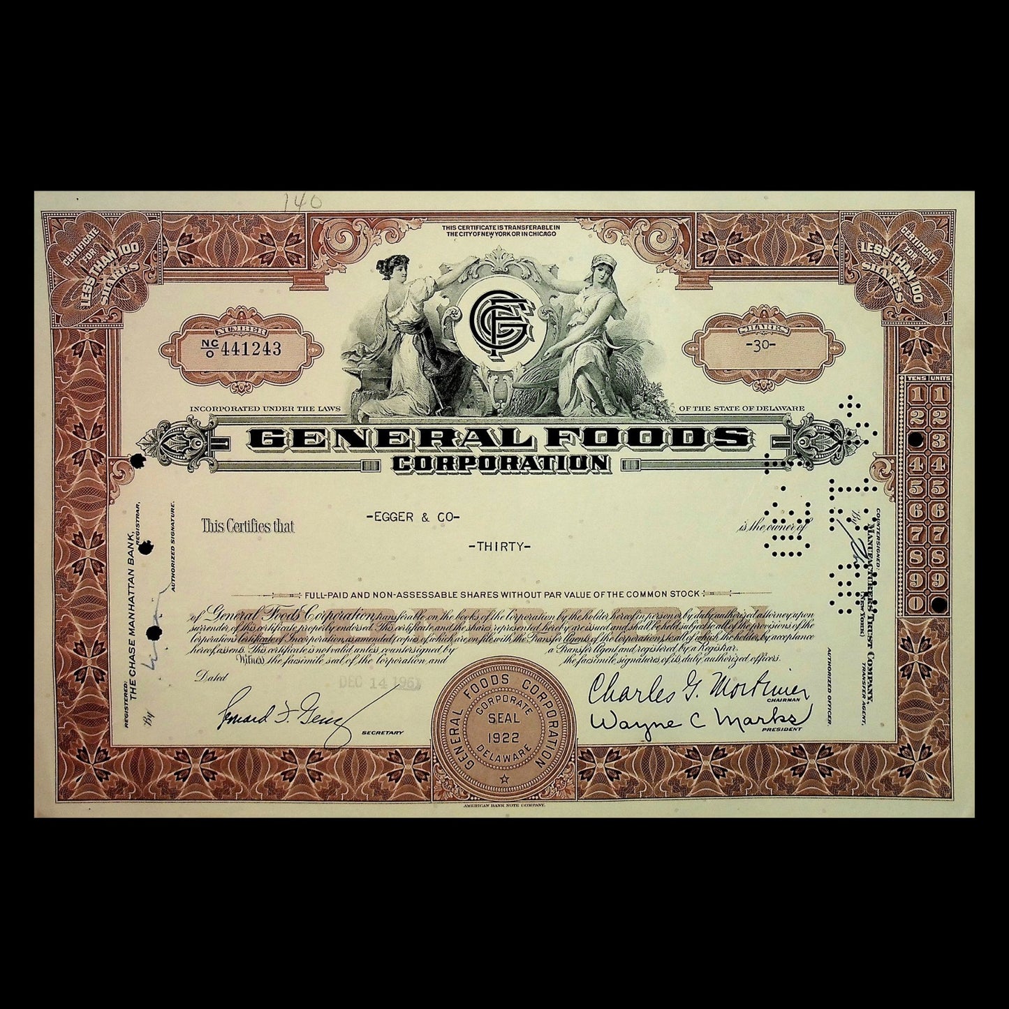 General Foods Corporation Stock Certificates from 1960s (Brown and Green)