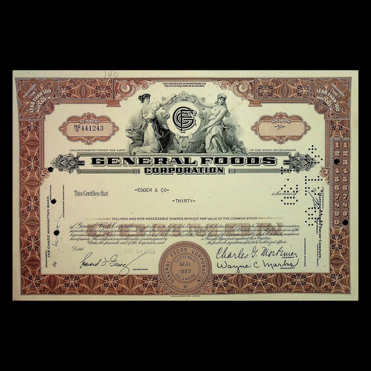 General Foods Corporation Stock Certificates from 1960s (Brown and Green)