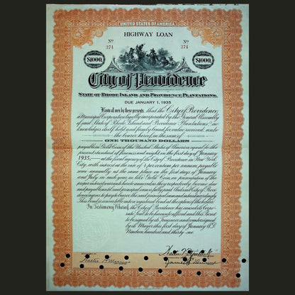 City of Providence, Rhode Island $1,000 Highway/ Water Loan Bond from 1915/ 1930