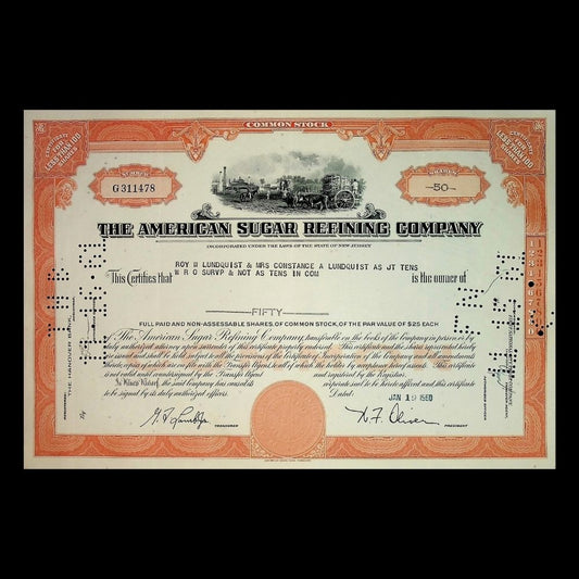 American Sugar Refining (Domino Sugar) Company Stock Certificate from 1950 - 1960s