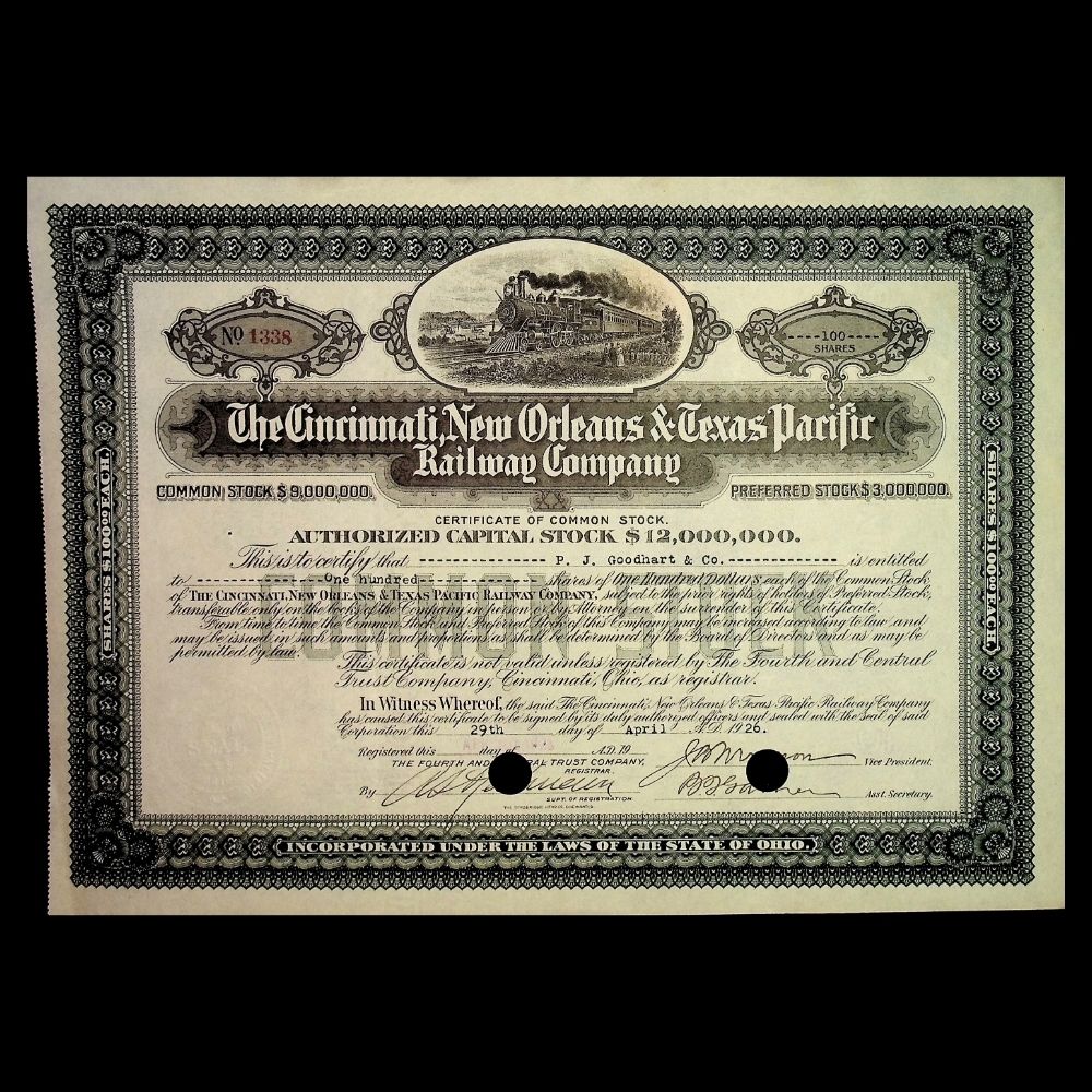 The Cincinnati, New Orleans, and Texas Pacific Railway Company Stock Certificate from 1920s