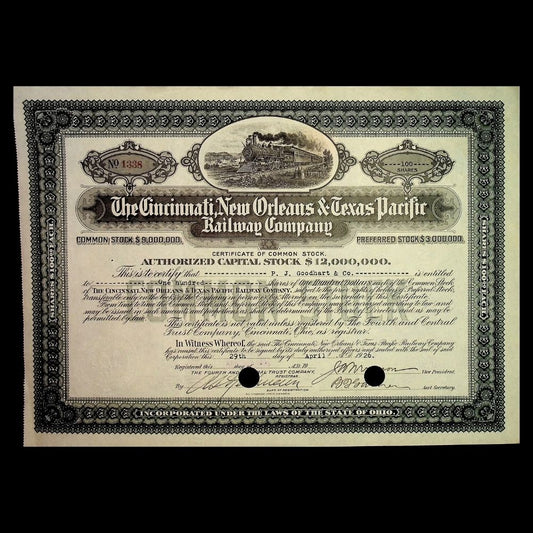 The Cincinnati, New Orleans, and Texas Pacific Railway Company Stock Certificate from 1920s