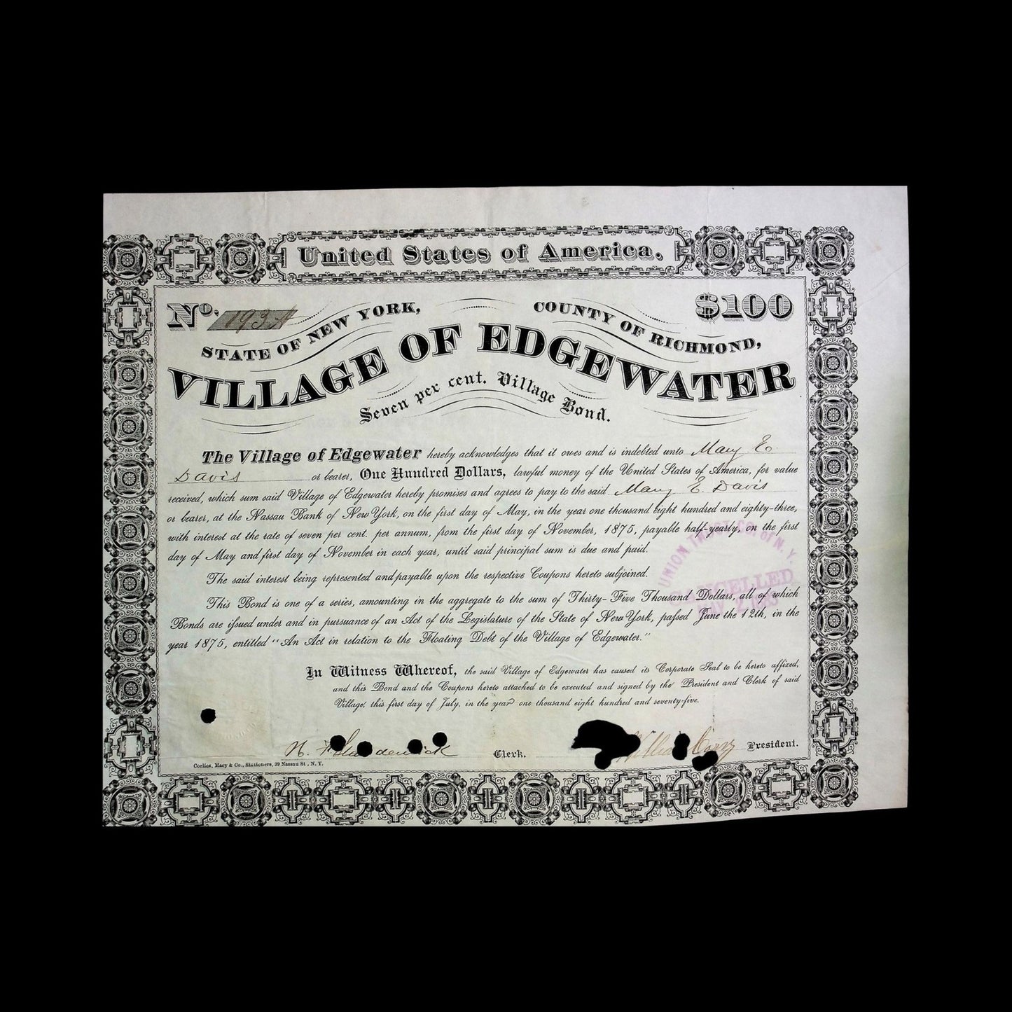 Village of Edgewater (Staten Island, NY) Municipal Bond from 1875