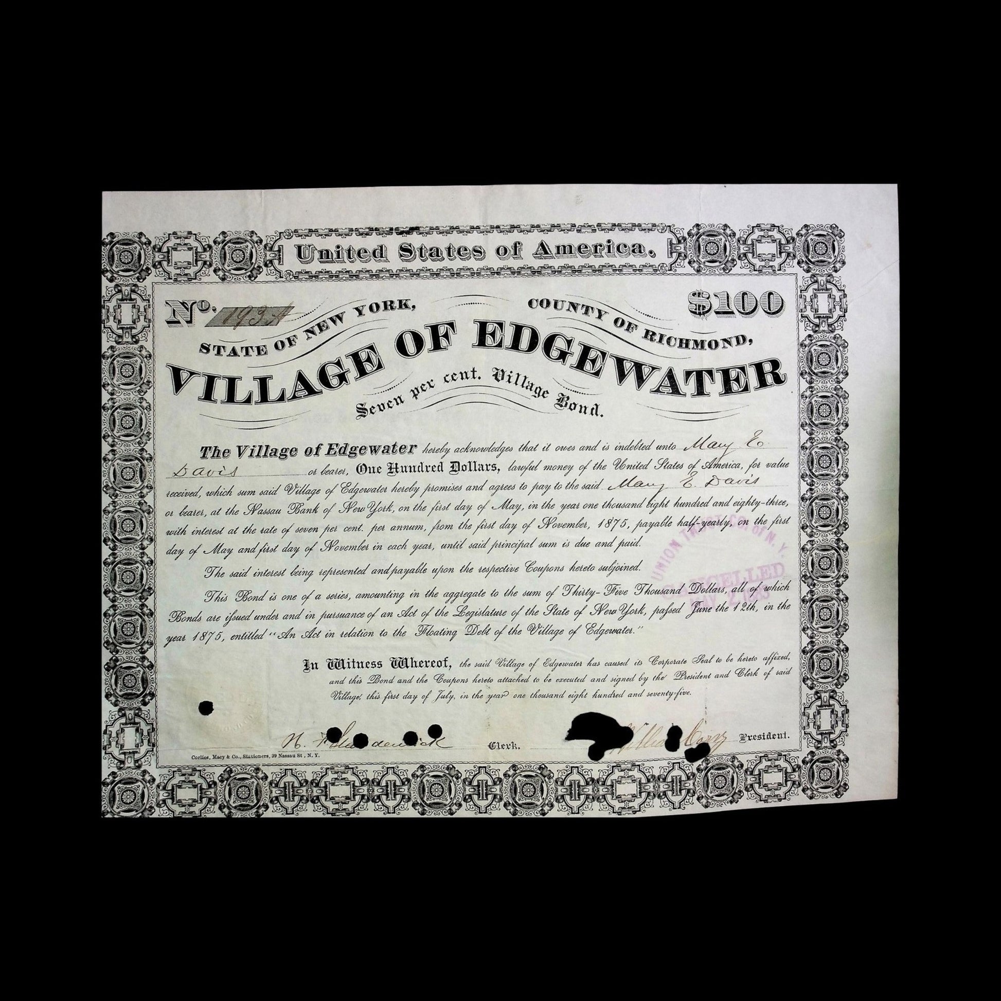 Village of Edgewater (Staten Island, NY) Municipal Bond from 1875