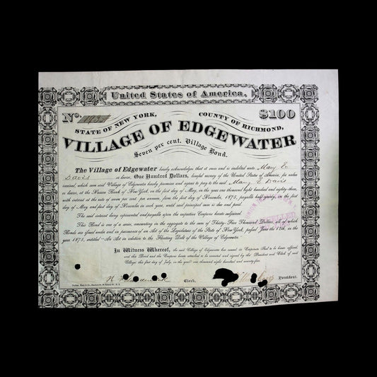 Village of Edgewater (Staten Island, NY) Municipal Bond from 1875