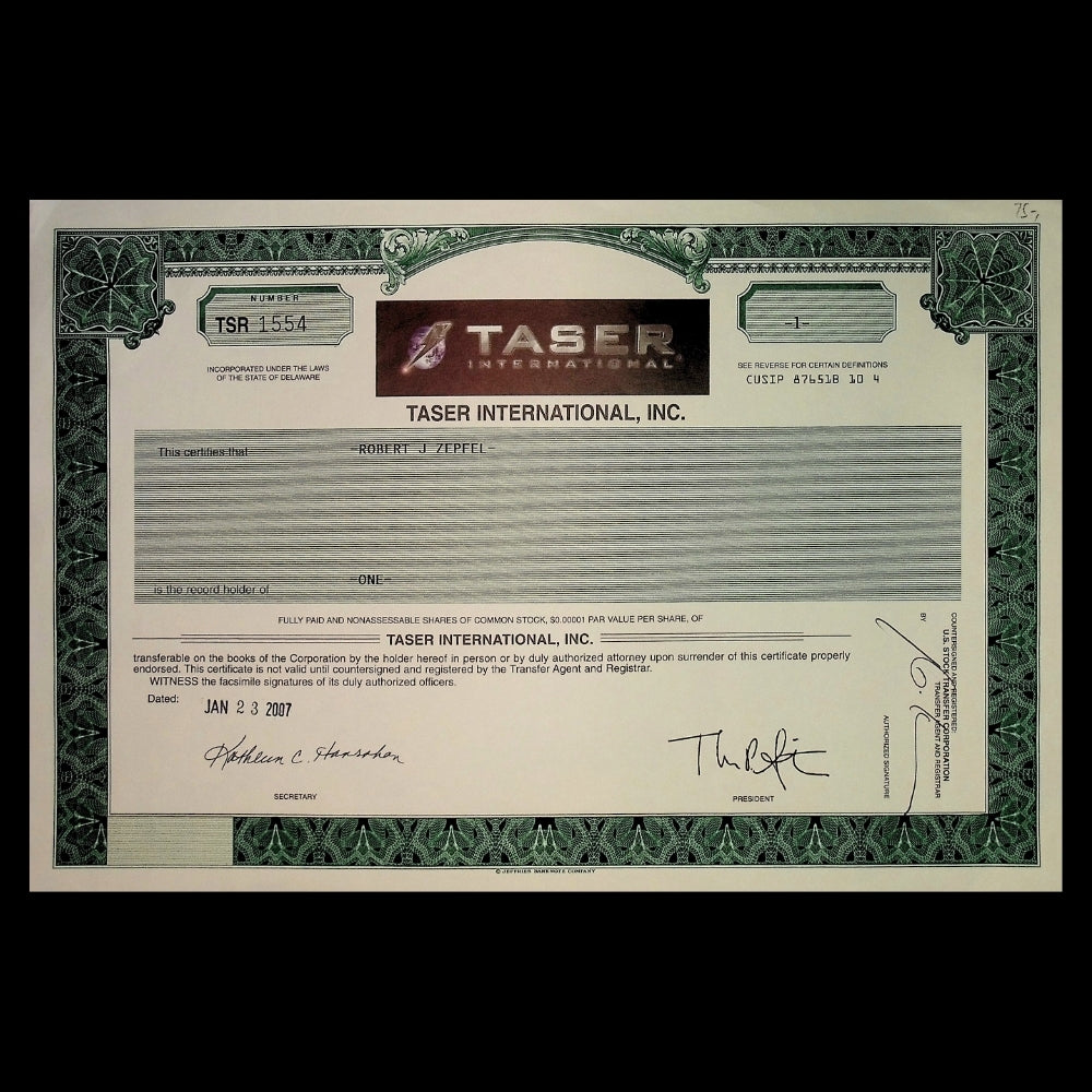 Taser International Incorporated Stock Certificate from 2007 Dot Com