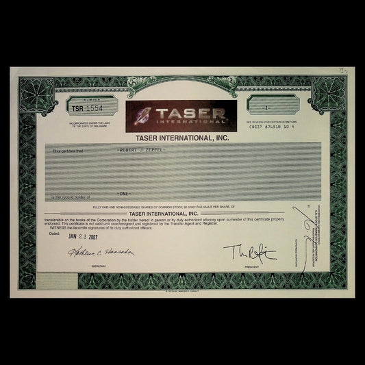Taser International Incorporated Stock Certificate from 2007 Dot Com