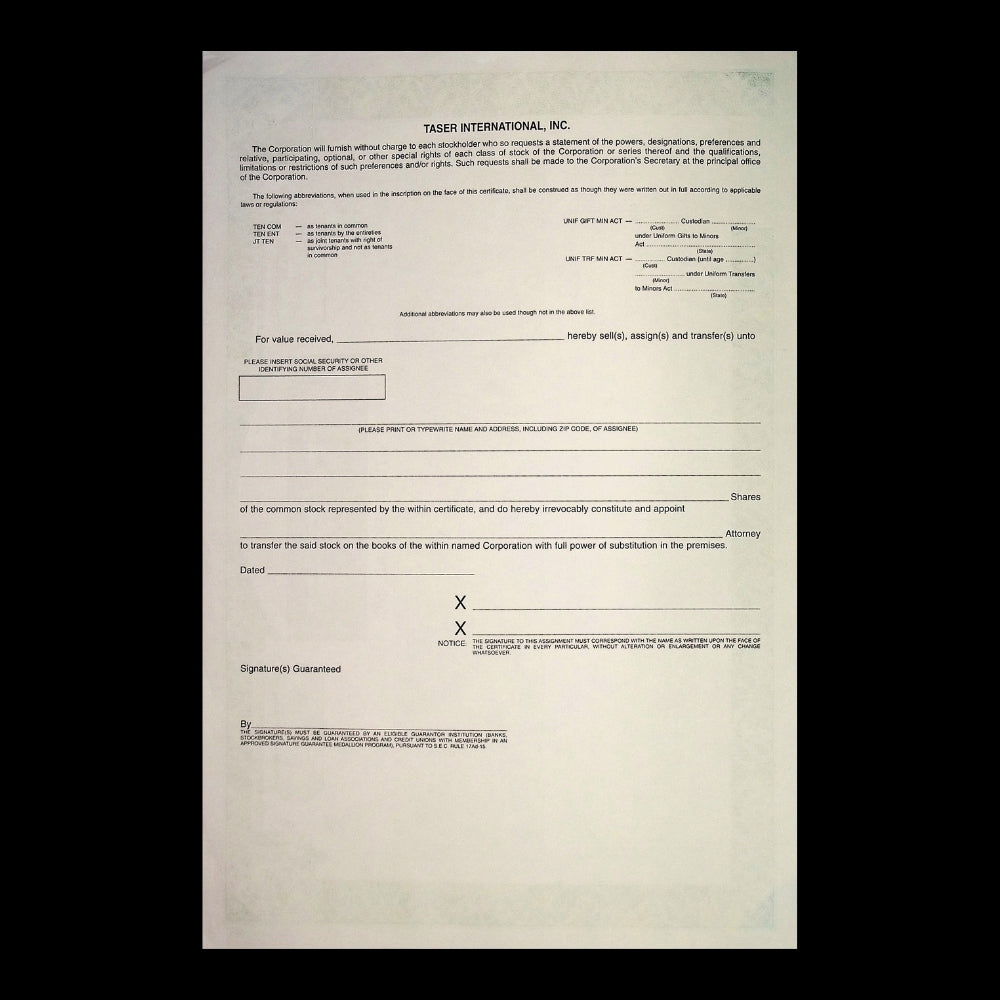 Taser International Incorporated Stock Certificate from 2007 Dot Com