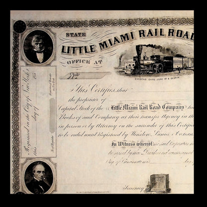 Little Miami Railroad Company Unissued Stock Certificate from 1850s