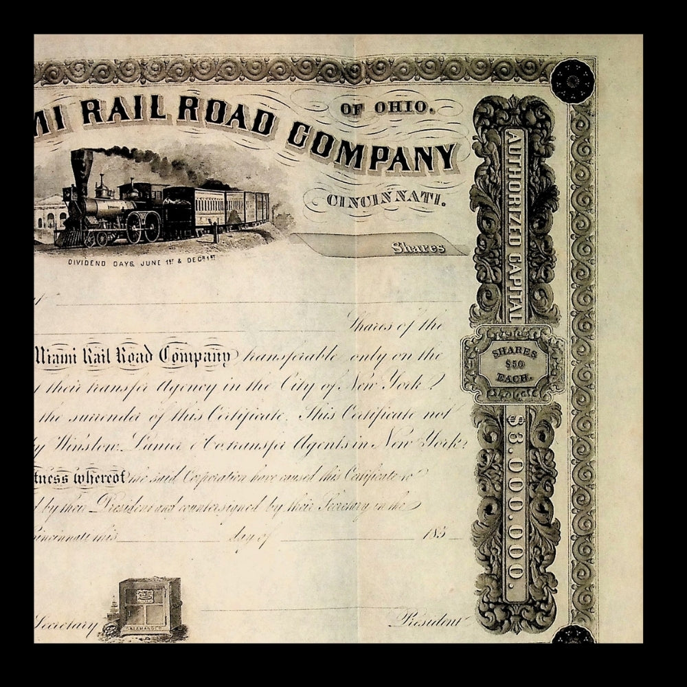 Little Miami Railroad Company Unissued Stock Certificate from 1850s