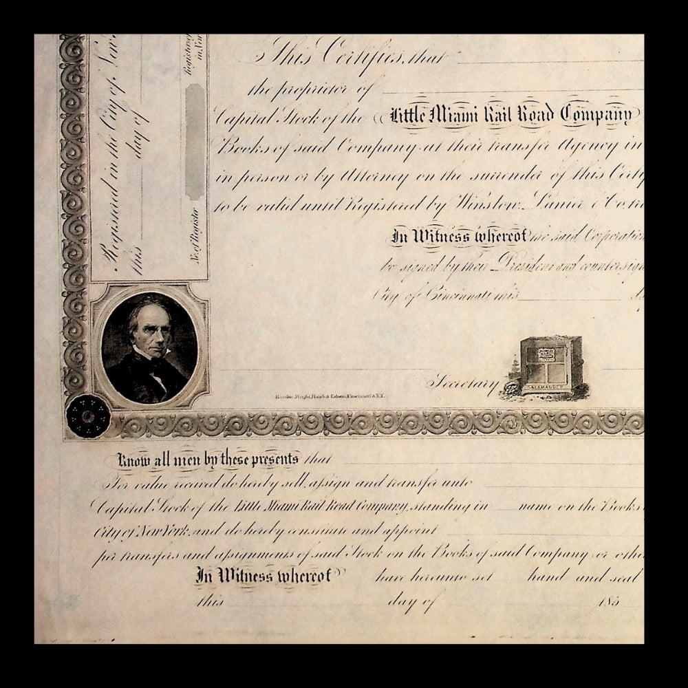 Little Miami Railroad Company Unissued Stock Certificate from 1850s