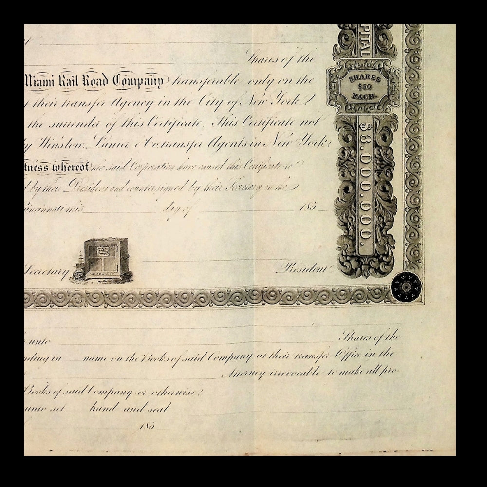 Little Miami Railroad Company Unissued Stock Certificate from 1850s