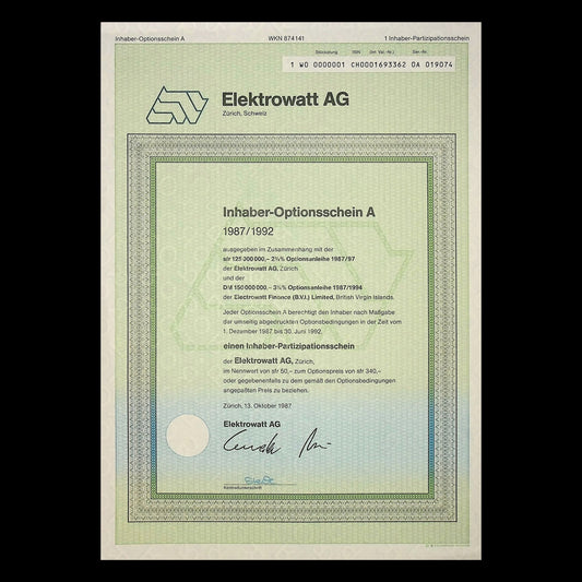 Elektrowatt AG (Zurich, Switzerland) Warrant Certificate from 1987 in German