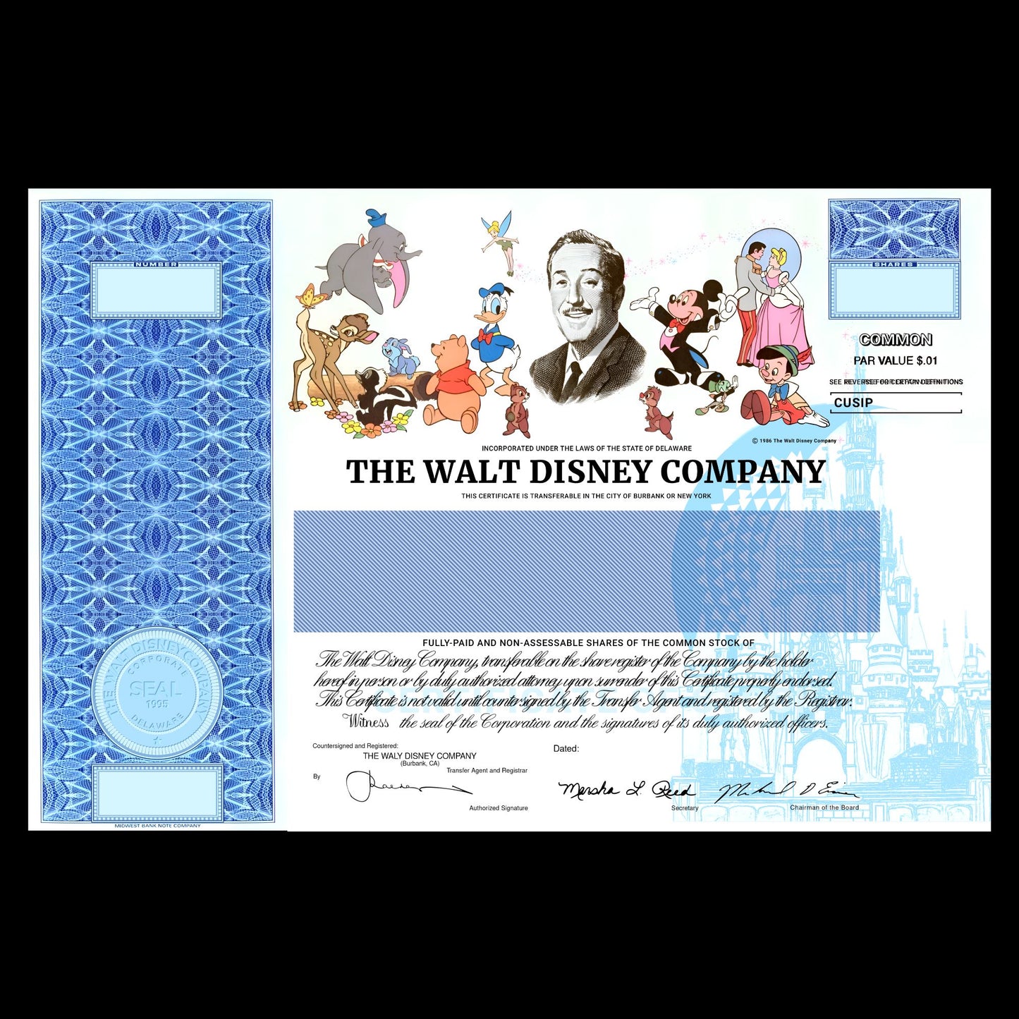 Walt Disney Stock Certificate Postcard Replica - Blank